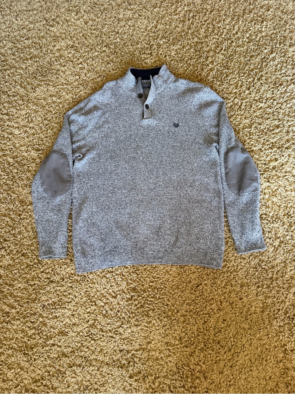 Chaps Men’s Marled Knit Elbow Patch Sweater Gray Button Mock Neck Large